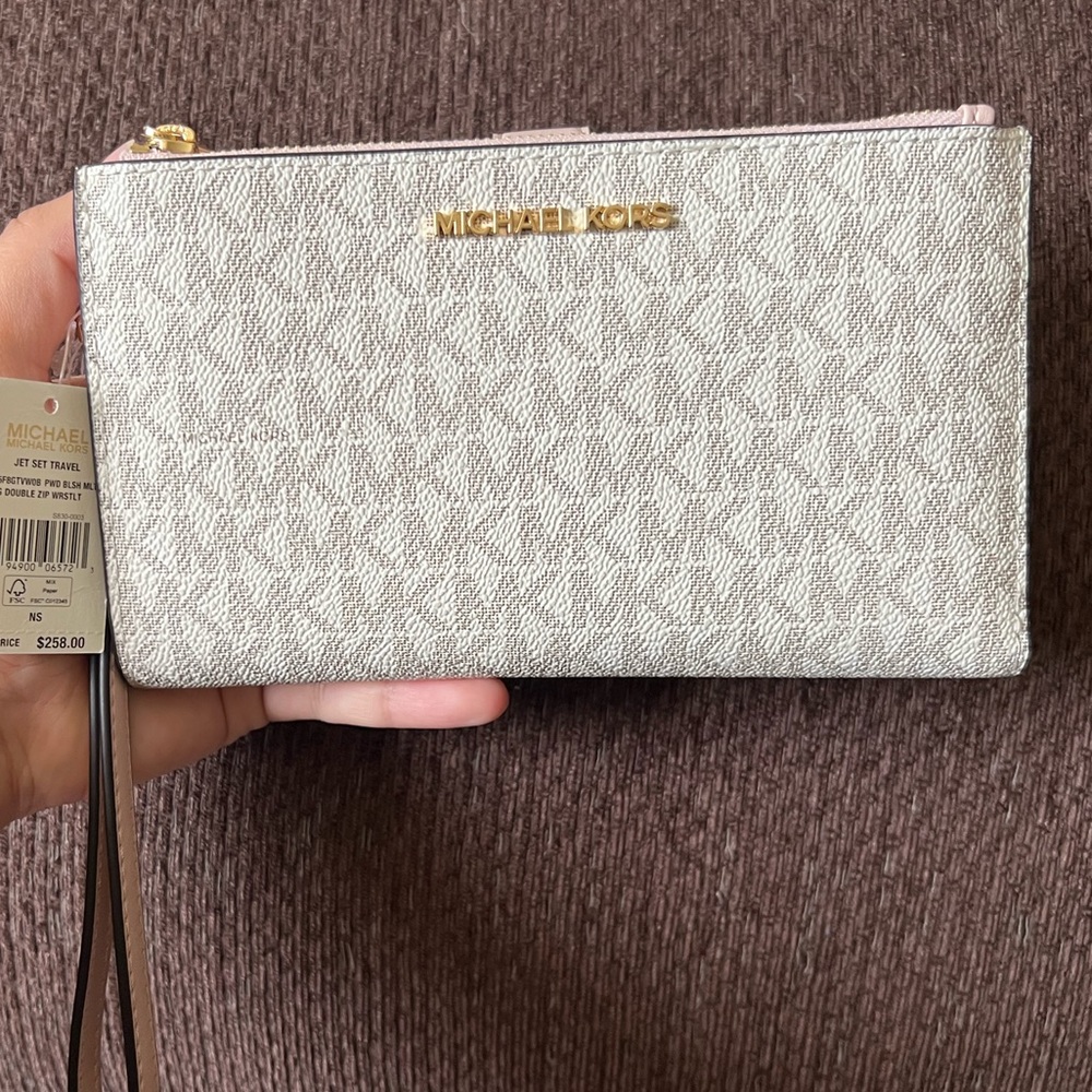 MICHAEL KORS Jet Set Travel Powder Blush Multi Double Zip Wristlet Wallet NWT
